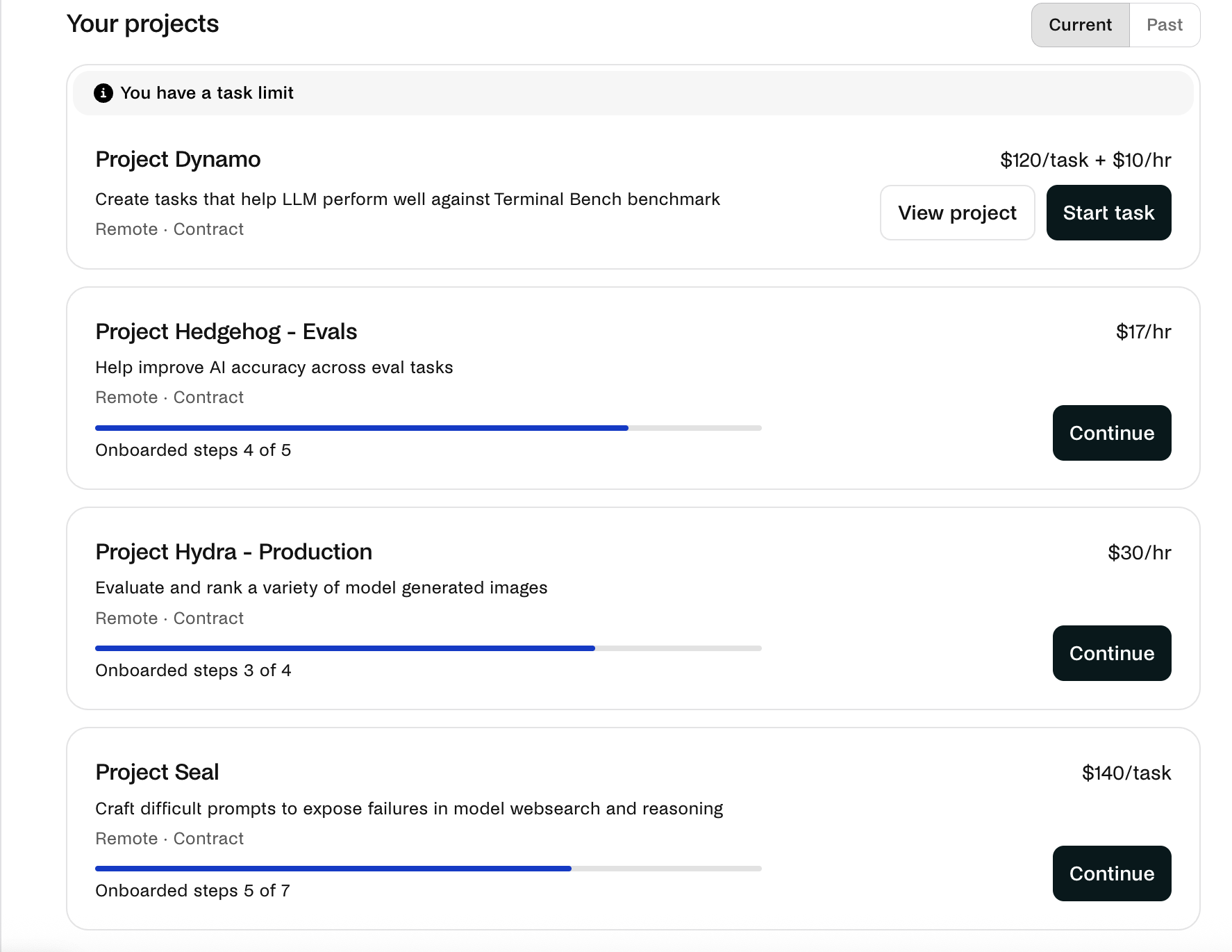 Handshake project board showing Project Dynamo, Hedgehog-Evals, Hydra-Production, and Project Seal with pay rates and onboarding progress