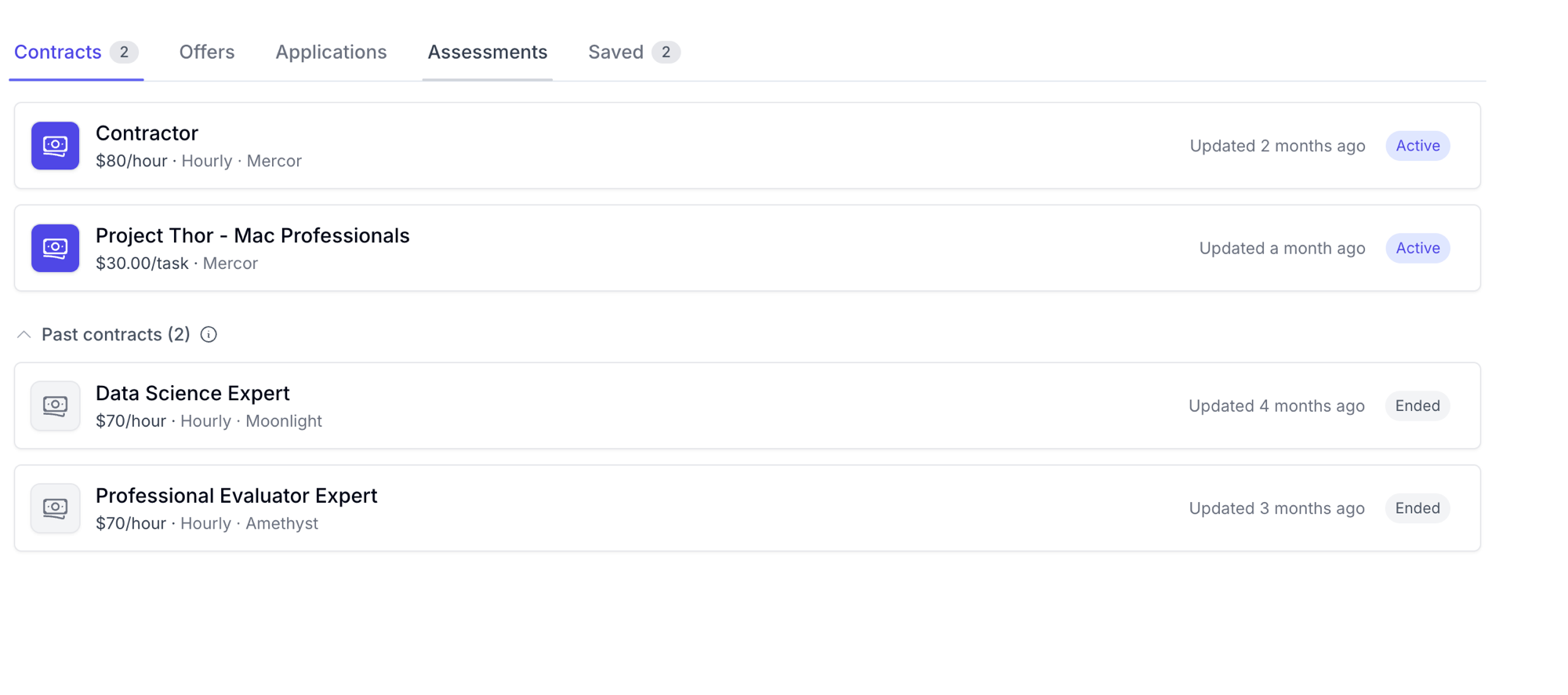 Mercor contracts dashboard showing active contracts Contractor and Project Thor, plus past contracts Data Science Expert and Professional Evaluator Expert