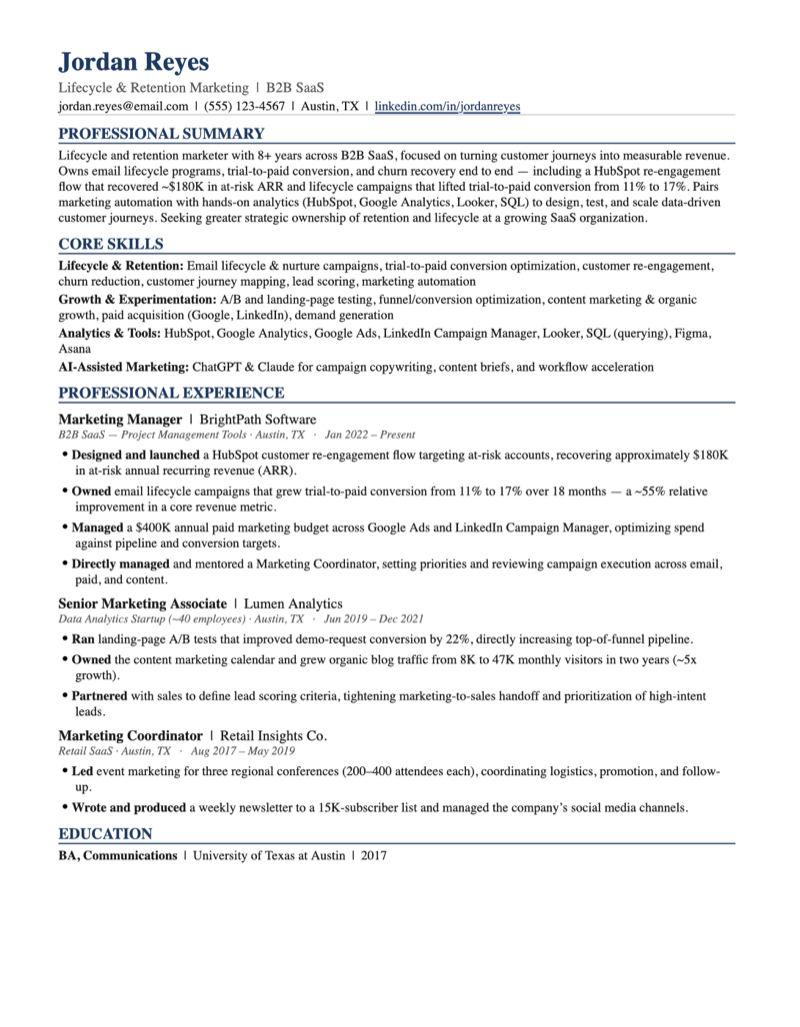 Resume generated by Claude.ai for the Jordan Reyes test persona